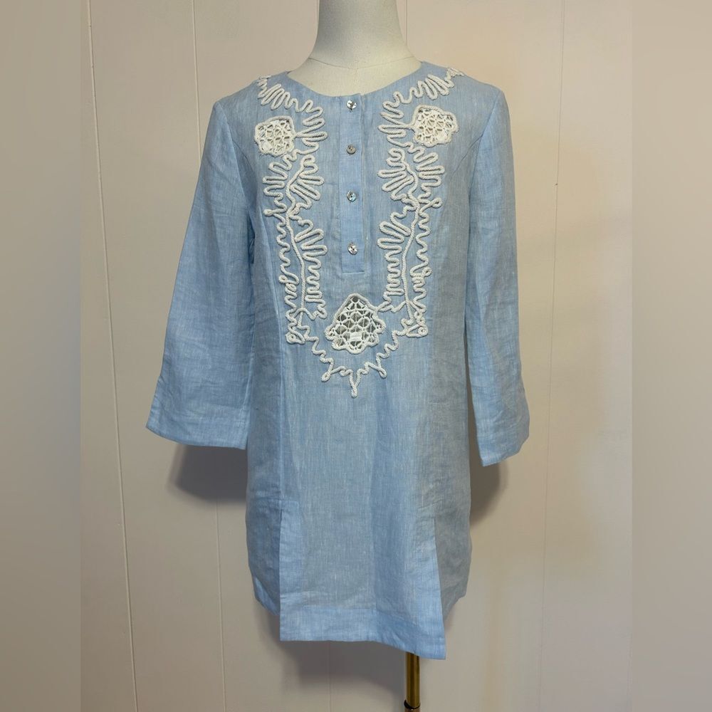 Brooks Brothers Light Blue Linen Tunic with White Embroidery size 2